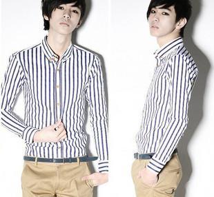 【[四季青] 2014純棉 韓版修身 條紋長(zhǎng)袖襯衫男 工廠直批】?jī)r(jià)格_廠家_圖片 -